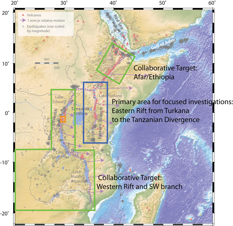 Map of the East African Rift System highlighting the primary focus area and the collaborative targets of opportunity.
