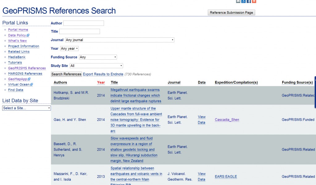 An easy way to access datasets from references listed on the GeoPRISMS Data Portal