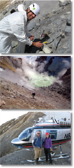 From top to bottom: Figure 2. (a) Francesco Capecchiacci samples volcanic gases in the crater of Mount Mageik. (b) Francesco Capecchiacci hikes up from the crater of Mount Mageik. (c) Sam Egli and Taryn Lopez on the crater rim of Mount Martin. Photos credit T. Lopez
