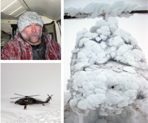 Clockwise from top left: Figure 6. (a) John Paskievitch as seen on 4 September 2013 after securing the helicopter with snow anchors in preparation for spending the night. (b) Helicopter covered in thick rime ice after ~16 hours on the summit of Mount Mageik (5 September 2013). (c) Alaska Air National Guard Rescue team and Pavehawk helicopter on Mount Mageik. Photos credit T. Lopez