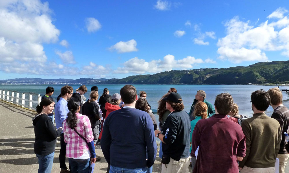 Figure 4. Students gathered around Nicola Litchfield and Tim Little at Petone Wharf - Upper Hutt. Major uplift of the Wellington Basin occured after the 1855 Wairarapa Earthquake.