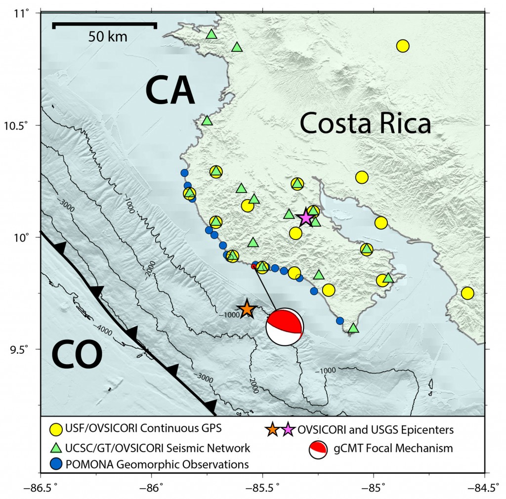 Figure 1. Distribution of GPS and seismic stations on the Nicoya Peninsula. The epicenter of the 5 September 2012 (Mw 7.6) earthquake as determined by the USGS (orange star) and OVSICORI-UNA (red star) is indicated along with the centroid moment tensor location and focal mechanism. CO: Cocos Plate, CA: Caribbean Plate.