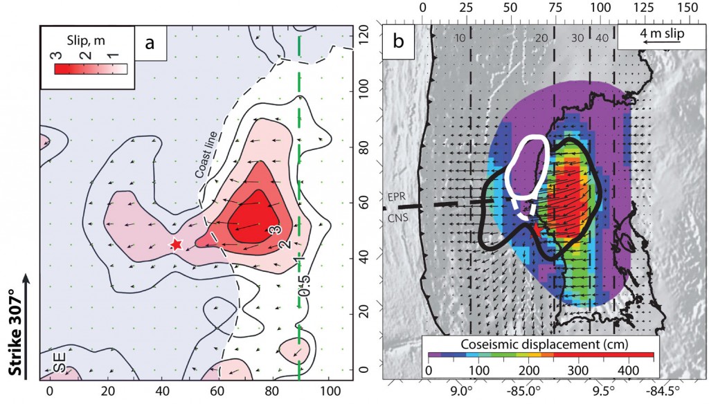 Figure 3. Slip distribution during the 2012 Nicoya earthquake determined from a) inversion of high-rate GPS, strong ground motions and teleseismic P waves (Yue et al., 2014) and b) from inversion of static horizontal GPS offsets (Protti et al., 2014). There is excellent agreement in the regions experiencing the largest slip (> 2 m).