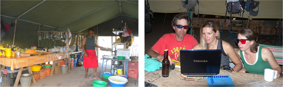 Figure 2. (left) Cook Getachew Senbeto is preparing a great dinner for 40 in our well-organized cook tent. Figure 3. (right) Brian (left), Dominique (right), and I (center) look over the days mapping using anaglyphs (hence, the 3D glasses) to investigate the geology of a fossiliferous area.
