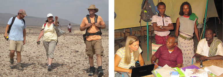 Figure 8. (left) John, Kaye, and Brian (left to right) head out for an exciting day of fossil collecting. Figure 9. (right) Mohammed Ahameddin (sitting, center), Kadar Mohammed, Mohammed Ibrahim, and Ali Yasin (left to right) spell and explain the meaning of local place names for our project gazetteer.
