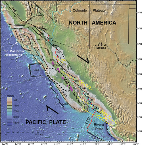 Figure 1. Map of topography, bathymetry, faults, and geophysical transects (Gonzalez-Fernandez et al., 2005; Lizarralde et al., 2007) in the Gulf of California - Salton Trough region. Systematic shallowing of water depth from south to north along the plate boundary is due to voluminous input of sediment from the Colorado River (Col. R.) in the north. Bold dashed line shows area of high-velocity anomaly at a depth of 100 km that indicates the presence of a stalled fragment of the Farallon plate in the upper mantle; purple color shows areas of post-subduction high-Mg andesites (Wang et al., in press). Abbreviations: AB, Alarcón basin; BTF, Ballena transform fault; CaB, Carmen basin; CB, Consag basin; CPF, Cerro Prieto fault; DB, Delfin basin; EPR, East Pacific Rise FB, Farallon basin; GB, Guaymas basin; GF, Garlock fault; Gmp, Guadalupe microplate; IT, Isla Tiburón; Mmp, Magdalena microplate; PB, Pescadero basin; SAF, San Andreas fault; T.A.F.Z., Tosco-Abreojos fault zone; TB, Tiburón basin; WB, Wagner basin.