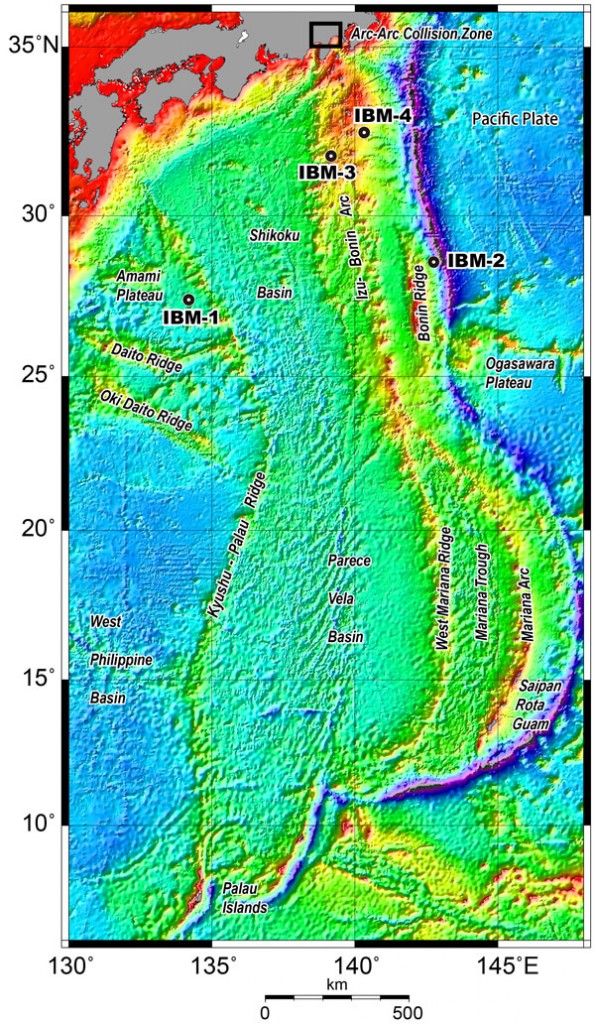 Figure 1. Location map of the Philippine Sea Region. Numbers show proposed drilling sites IBM-1, IBM-2, IBM-3, and IBM-4.