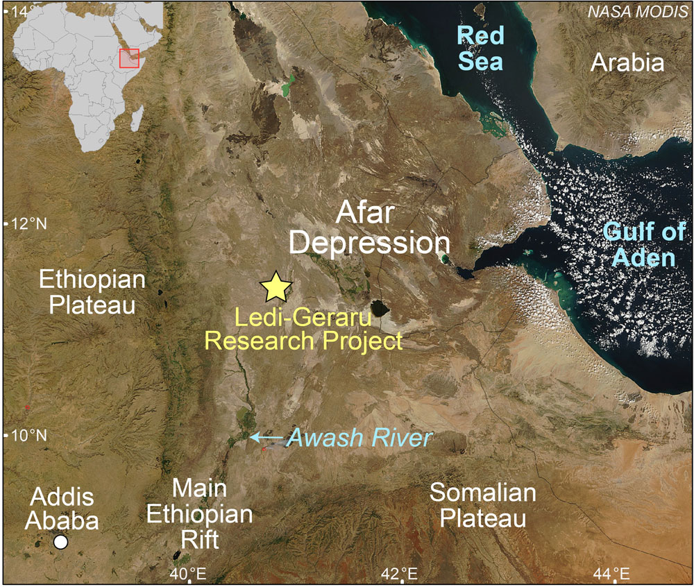 Figure 1. NASA MODIS imagery of the Afar Depression highlighting the location of the Ledi-Geraru Research Project.