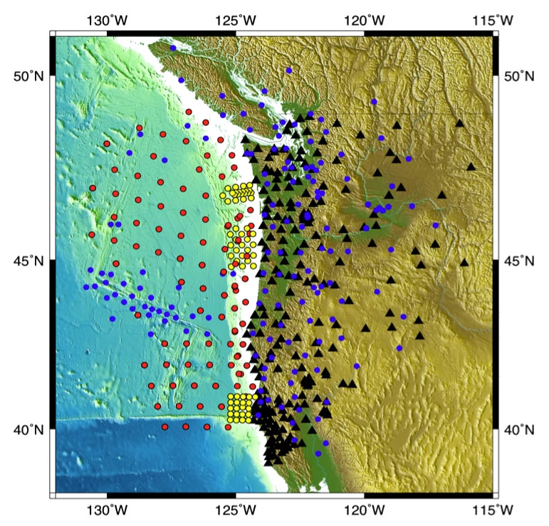Figure 1. Cascadia Initiative experiment design: PBO GPS stations upgraded as part of the Cascadia Initiative (black triangles) and broadband seismometers (circles) expected to operate in the Cascadia Region between 2011 and 2015. The 2010 workshop report1 contains a detailed discussion of the color-coded seismometer experiments and the schedule of deployments.
