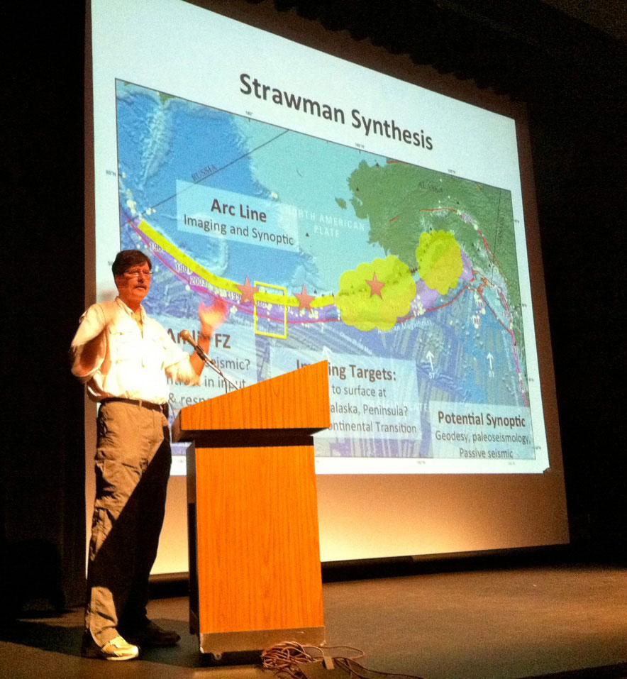 Figure 2. Jeff Freymueller summarizes the outcomes of the Alaska planning workshop break-out discussions.