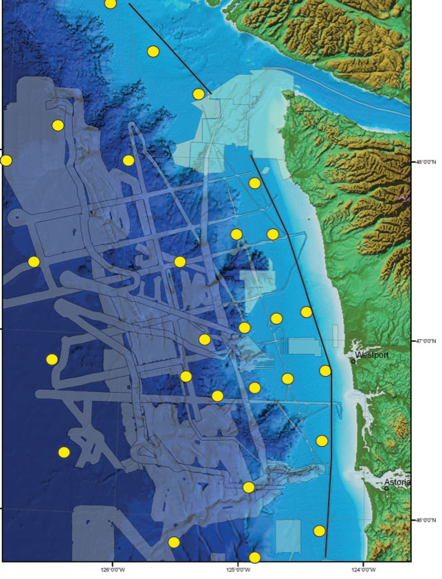 Figure 1. “Before” Bathymetric coverage of the Washington-Vancouver Island margin. Translucent overlay shows existing multibeam coverage from most known cruises mostly collected by OSU and restricted until recently. Remaining areas are only covered by sparse NOS soundings. Yellow dots are approximate OBS deployment locations for year one. Some of these were re-located to better sites in terms of trawl protection and topography after the 2011 cruise data were processed.