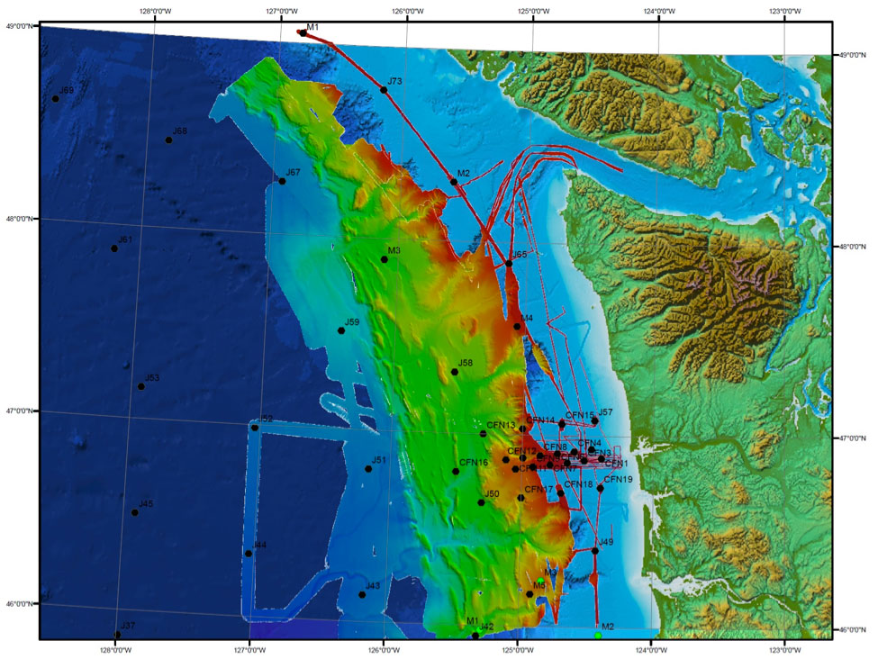Figure 2. “After” Bathymetric coverage of the Washington-Vancouver Island margin following the June 2011 CEIT cruise with modified OBS locations. New and old data have been assembled in CARIS bathymetric database software.