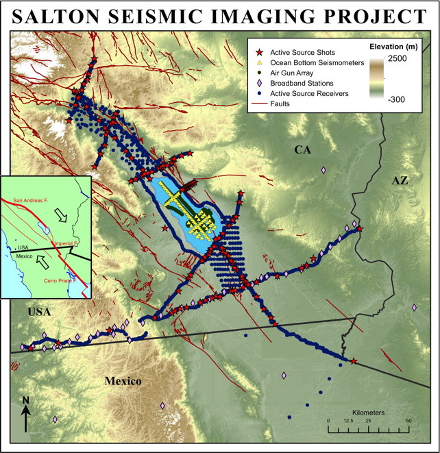 Figure 1. SSIP Project map. Red lines are faults; symbols (see index) are seismic sources or seismographs.