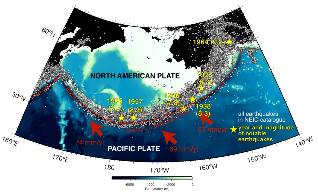Figure 1. Simplified map of the Alaska Subduction Zone, showing distribution of catalog (white dots) and notable (yellow stars) earthquakes along the margin. Red arrows indicate absolute plate motions