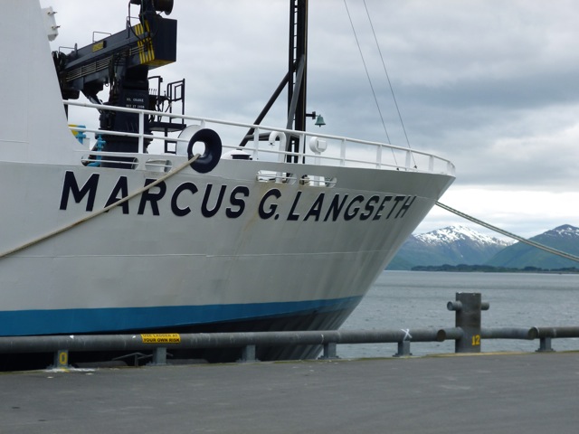 Figure 3. The R/V Langseth in port of Kodiak, with snowy mountains in the background