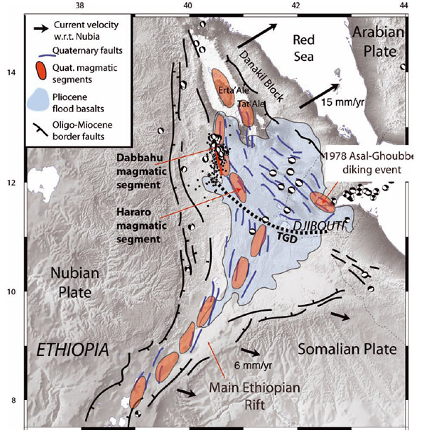 Figure 1. Map of the Afar rift region showing major tectonic and magmatic features from Ebinger et al., 2008.