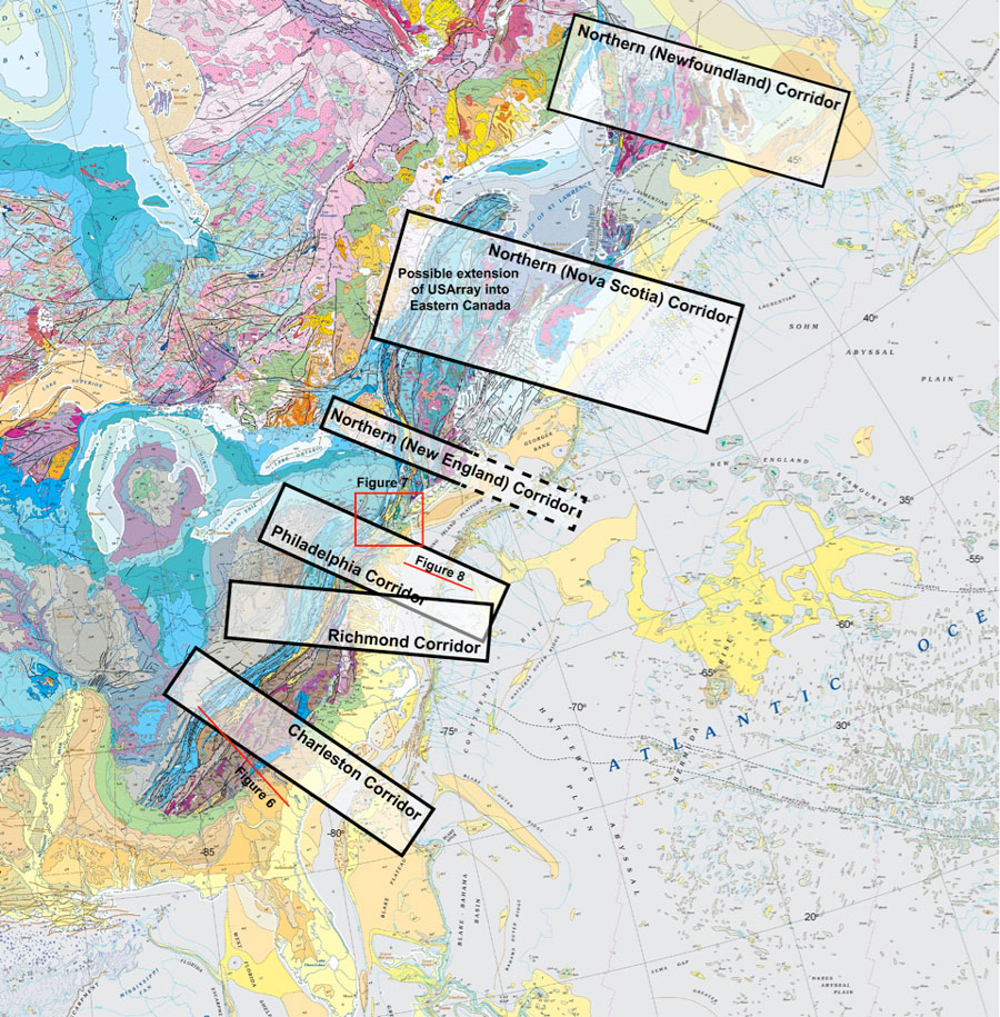DNAG geologic map of eastern North America (modified from http://esp.cr.usgs.gov/info/gmna/) showing the focus areas defined for EarthScope-GeoPRISMS synergistic research in ENAM