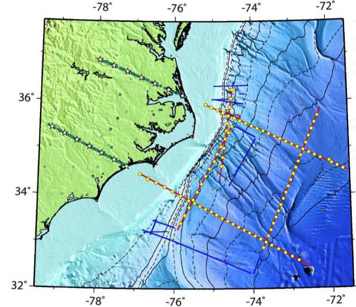 Seismic data acquisition map for the ENAM Community Seismic Experiment. Blue and red lines represent tracks of the R/V Marcus Langseth; yellow circles mark the location of short-period ocean-bottom seismometers.