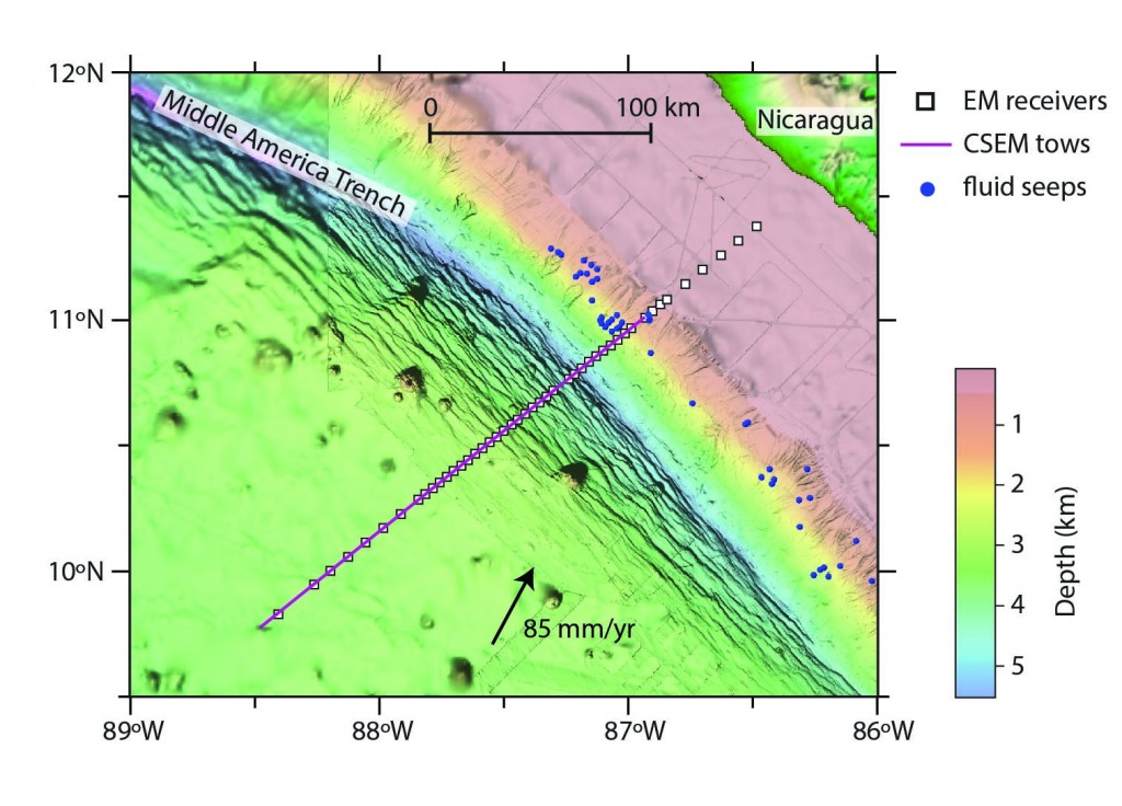 Figure 2. Map of the SERPENT survey transect. A total of 50 EM receivers were deployed across the Middle America Trench offshore Nicaragua, where the 24 Ma Cocos plate subducts beneath the Caribbean plate. Receiver locations spanned the abyssal plain, the visibly faulted outer rise, and the continental slope and shelf at 10 and 4 km spacing. A cluster of active forearc seeps are located adjacent to the survey transect (blue circles).