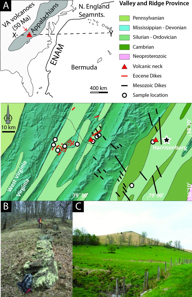 Figure 1. A) Simplified geologic map showing sample locations of Eocene magmas. Note the orientation of the Mesozoic Central Atlantic Magmatic Province dikes towards the northwest and Eocene dikes towards the northeast. Cross section X-Y is shown in Figure 2. ENAM – Eastern North American margin; VA – Virginia; N. – New. B) Example of basaltic dike found in Highland County, Virginia. C) Trimble Knob, an example of a diatreme in Highland County, Virginia.