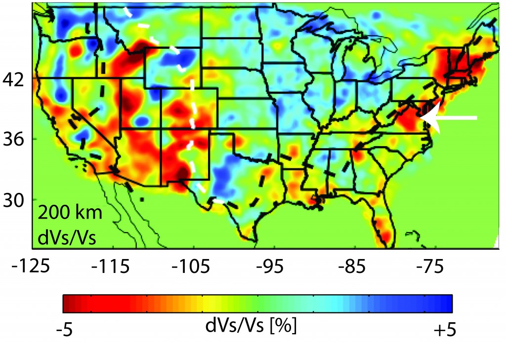 Figure 3. S wave tomography at 200 km depth from Schmandt and Lin (2014). White arrow points to the location of the Virginia Eocene magmatism. 