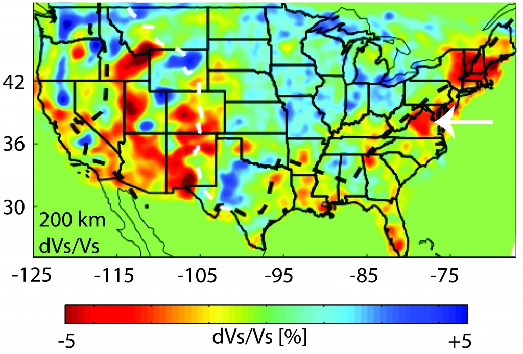 Figure 3. S wave tomography at 200 km depth from Schmandt and Lin (2014). White arrow points to the location of the Virginia Eocene magmatism.