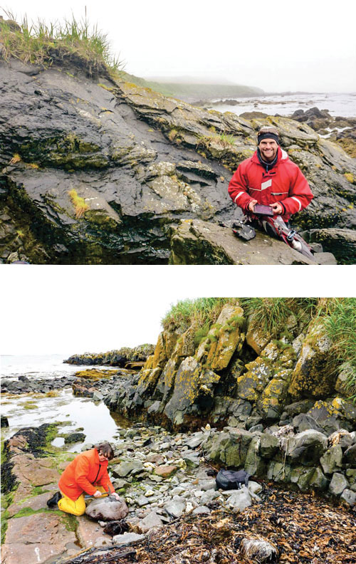 Figure 2. Allen Schaen (top) and Suzanne Kay (bottom) collecting samples from Rat and Skagul Islands, respectively in 2013.